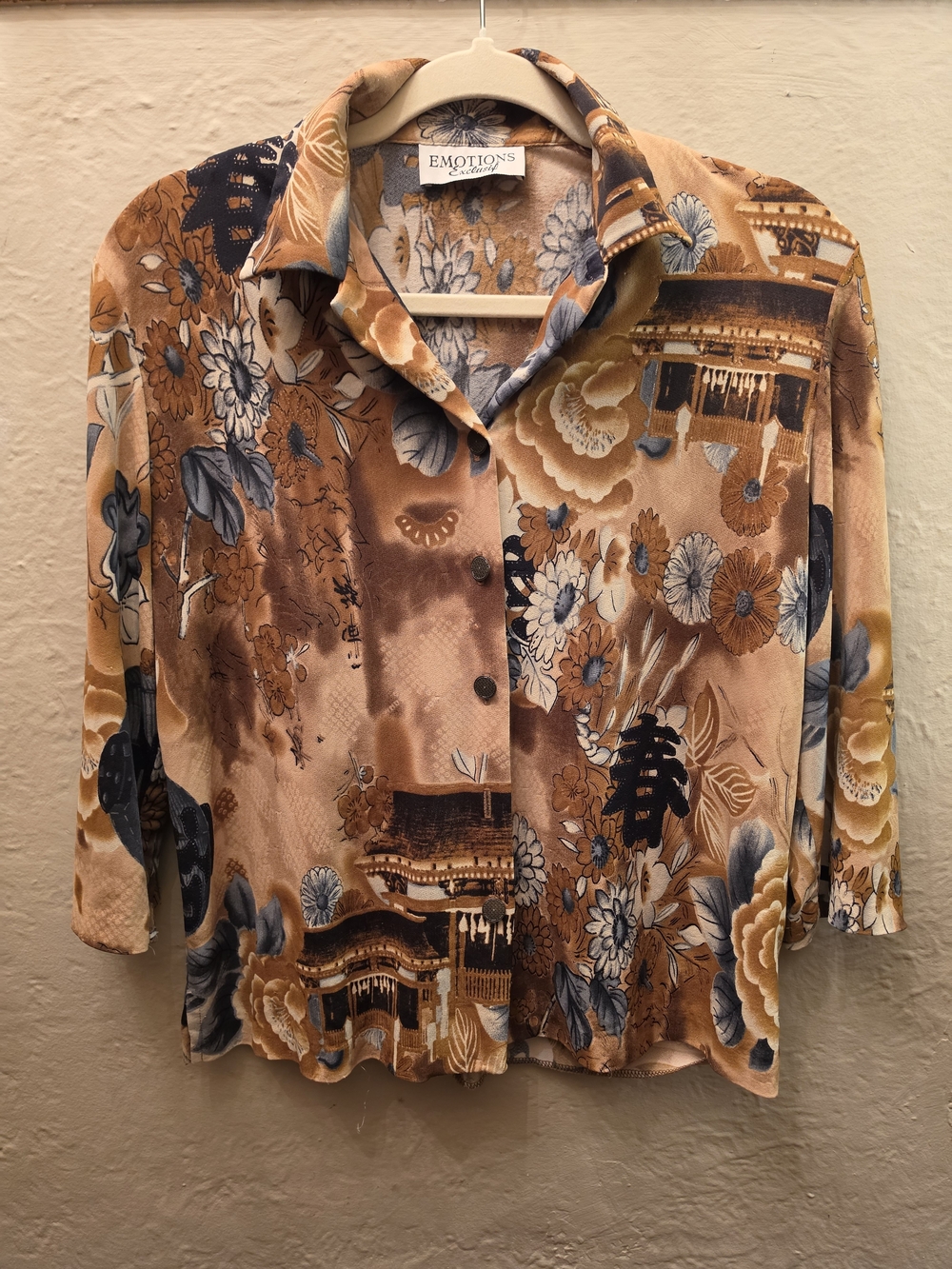 90s Vintage Floral Pagoda Print Blouse Emotions Exclusif Brown Button Up